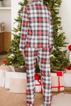 Sale Dear-Lover Christmas Plaid Print Two Piece Long Sleeve Pajamas Set Red