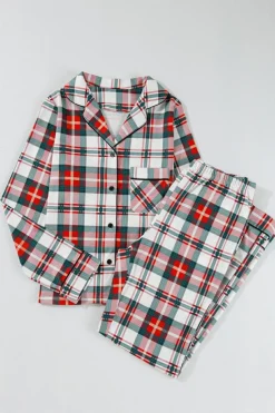 Sale Dear-Lover Christmas Plaid Print Two Piece Long Sleeve Pajamas Set Red