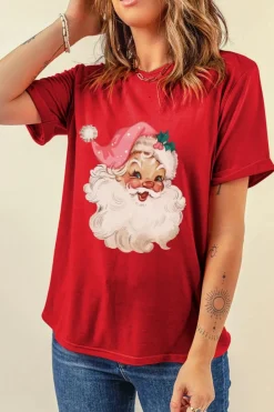 Fashion Dear-Lover Red Christmas Santa Claus Print Crew Neck T Shirt Red-2