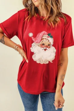 Fashion Dear-Lover Red Christmas Santa Claus Print Crew Neck T Shirt Red-2