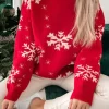 New Dear-Lover Red Christmas Snowflake Mock Neck Sweater Fiery Red