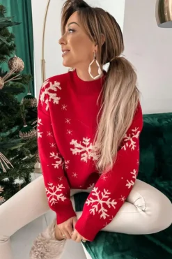 New Dear-Lover Red Christmas Snowflake Mock Neck Sweater Fiery Red
