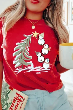 Best Dear-Lover Red Christmas Tree Snowman Printed Crewneck T Shirt Red-2