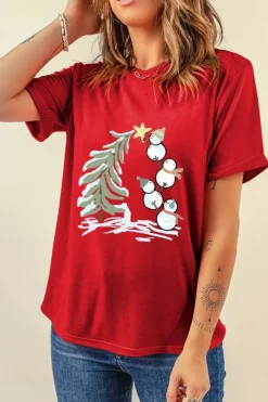 Best Dear-Lover Red Christmas Tree Snowman Printed Crewneck T Shirt Red-2