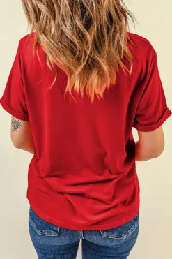 Best Dear-Lover Red Christmas Tree Snowman Printed Crewneck T Shirt Red-2