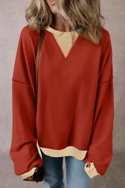 Outlet Dear-Lover Color Block Patch Drop Shoulder Oversized Sweatshirt Red Clay