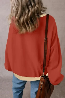 Outlet Dear-Lover Color Block Patch Drop Shoulder Oversized Sweatshirt Red Clay