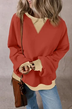 Outlet Dear-Lover Color Block Patch Drop Shoulder Oversized Sweatshirt Red Clay