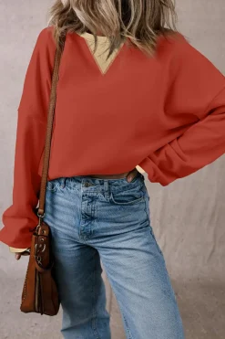 Outlet Dear-Lover Color Block Patch Drop Shoulder Oversized Sweatshirt Red Clay