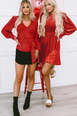 Sale Dear-Lover Frilled Neck Smocked Bodice Velvet Dress Red Clay