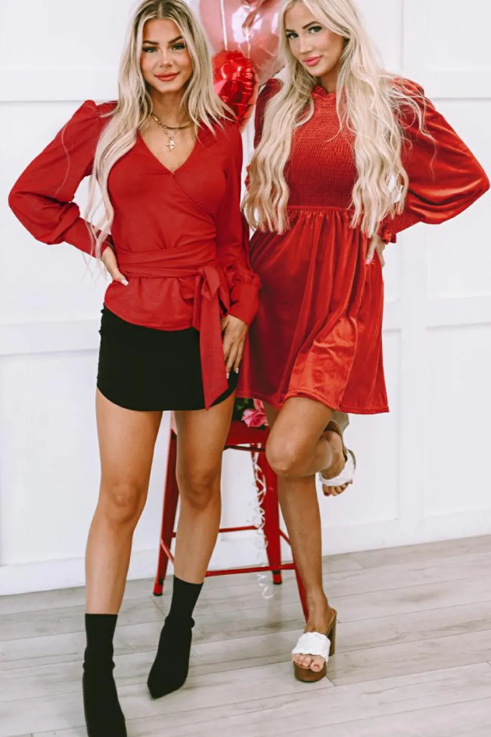 Sale Dear-Lover Frilled Neck Smocked Bodice Velvet Dress Red Clay