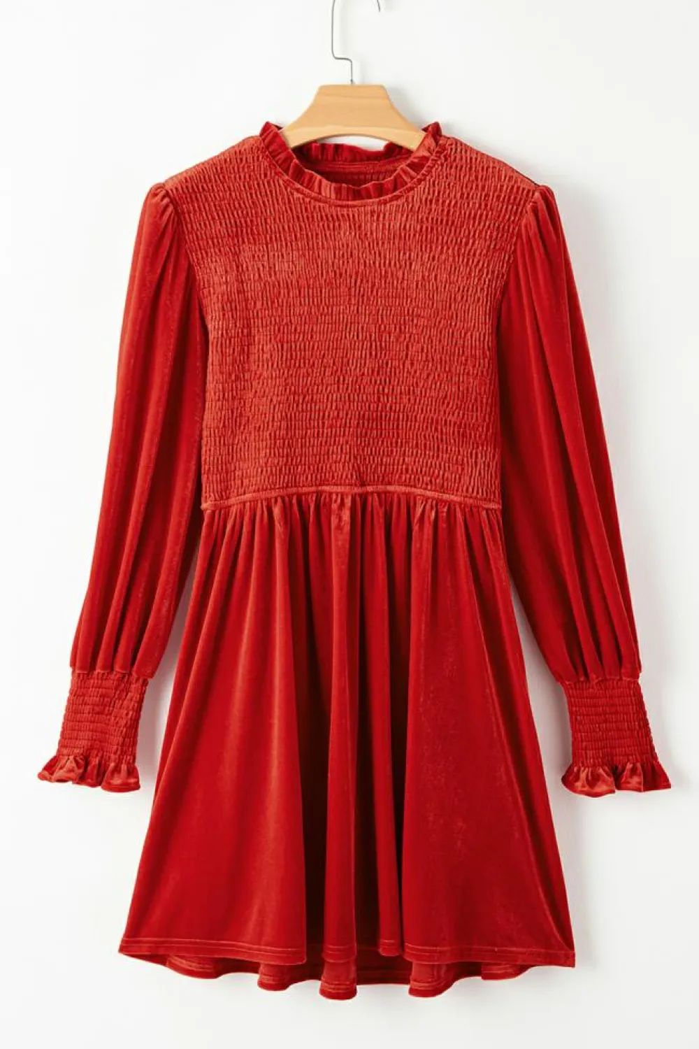 Sale Dear-Lover Frilled Neck Smocked Bodice Velvet Dress Red Clay