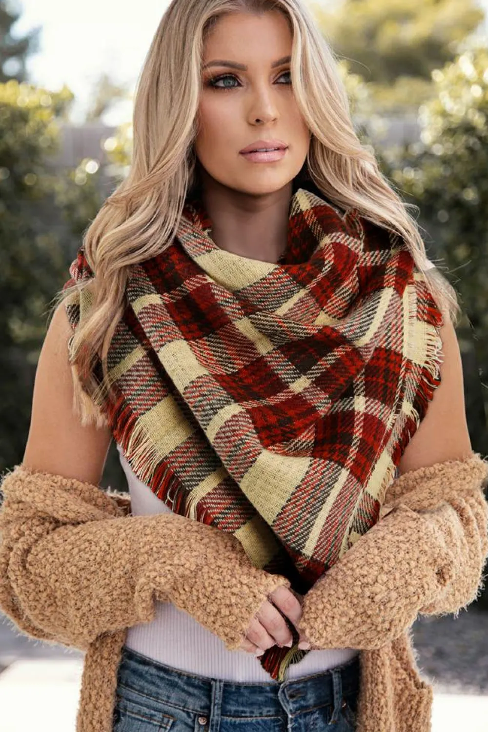 Hot Dear-Lover Fringe Trim Reversible Plaid Houndstooth Pashmina Scarf Red Clay