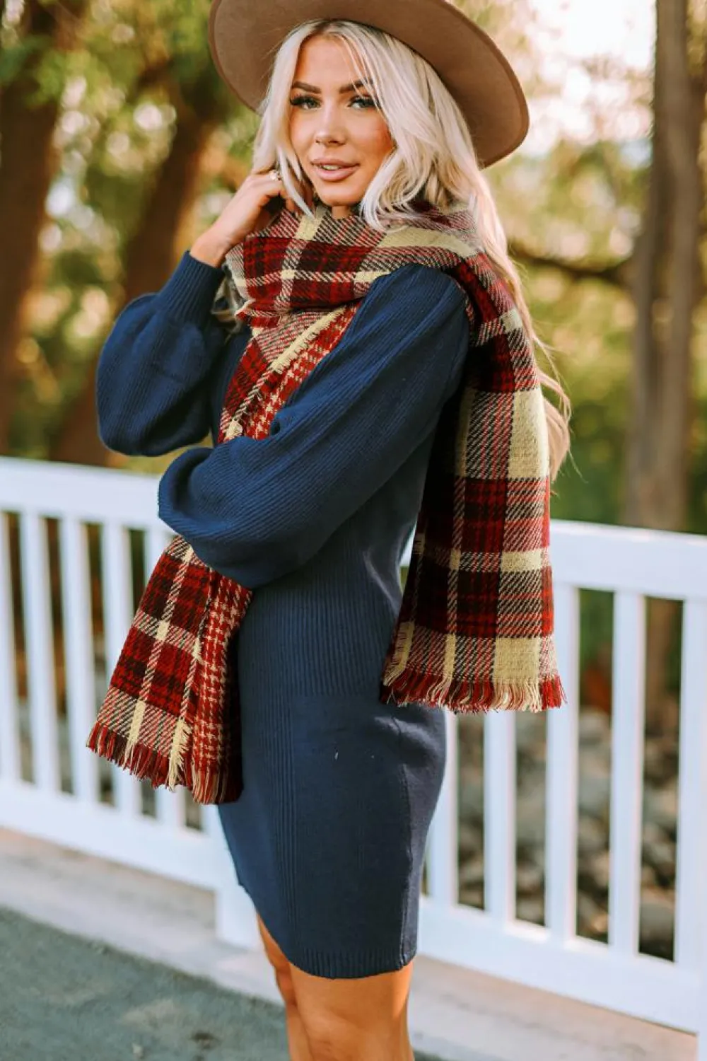 Hot Dear-Lover Fringe Trim Reversible Plaid Houndstooth Pashmina Scarf Red Clay