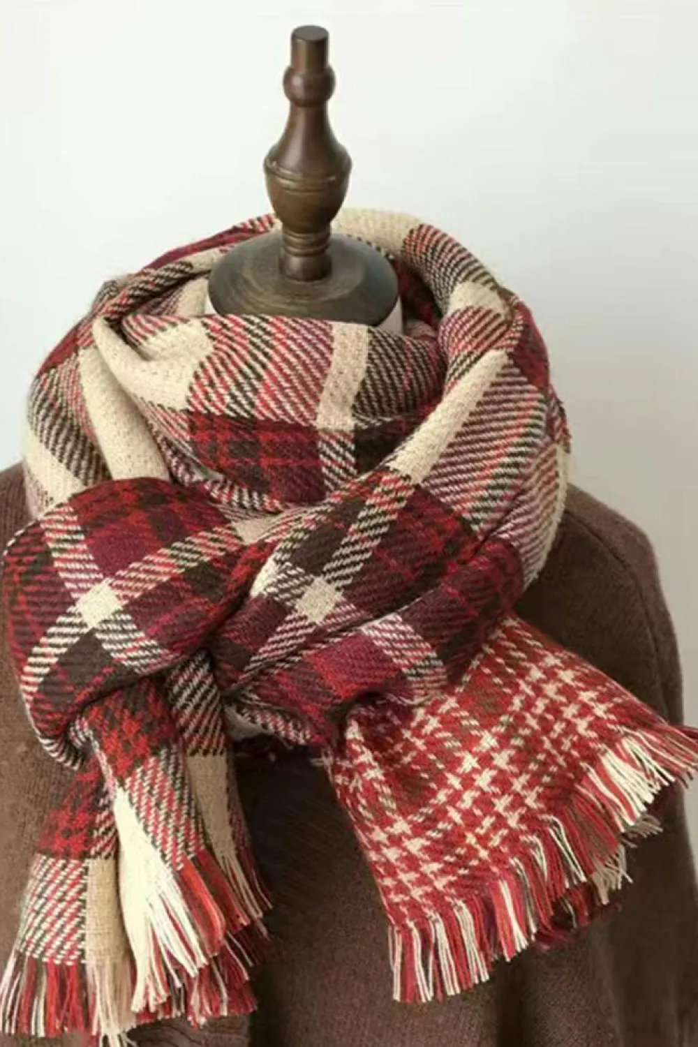Hot Dear-Lover Fringe Trim Reversible Plaid Houndstooth Pashmina Scarf Red Clay