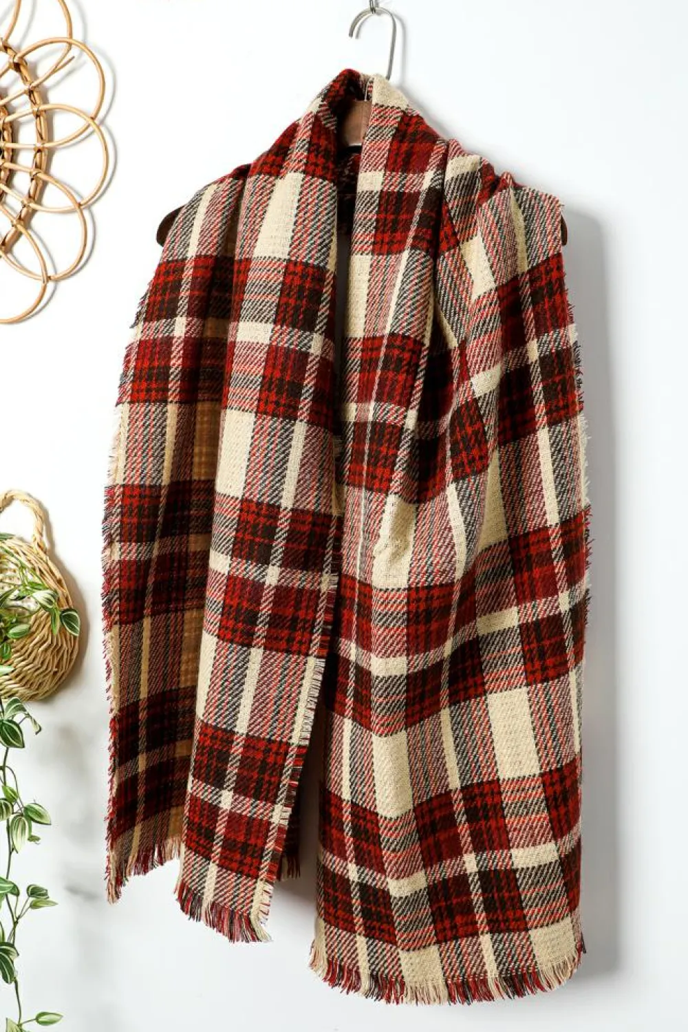 Hot Dear-Lover Fringe Trim Reversible Plaid Houndstooth Pashmina Scarf Red Clay