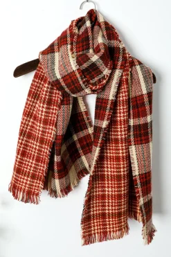 Hot Dear-Lover Fringe Trim Reversible Plaid Houndstooth Pashmina Scarf Red Clay