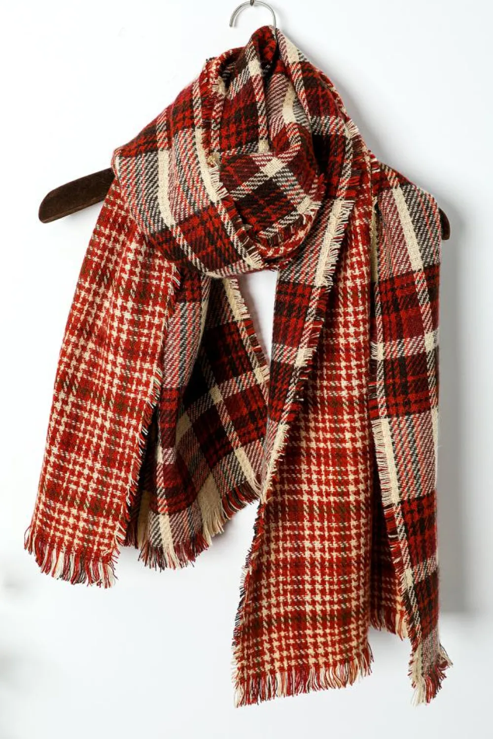Hot Dear-Lover Fringe Trim Reversible Plaid Houndstooth Pashmina Scarf Red Clay