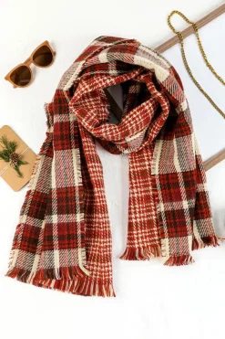 Hot Dear-Lover Fringe Trim Reversible Plaid Houndstooth Pashmina Scarf Red Clay