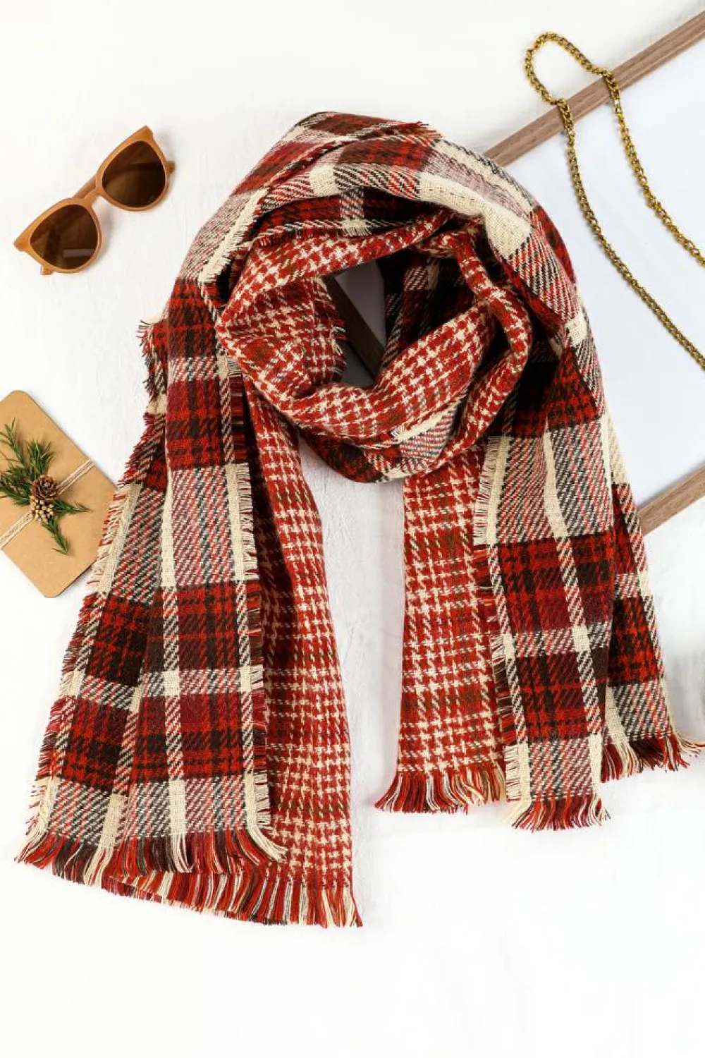 Hot Dear-Lover Fringe Trim Reversible Plaid Houndstooth Pashmina Scarf Red Clay