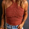 Sale Dear-Lover Knit Crochet Halter Neck Backless Tank Top Red Clay