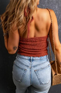 Sale Dear-Lover Knit Crochet Halter Neck Backless Tank Top Red Clay