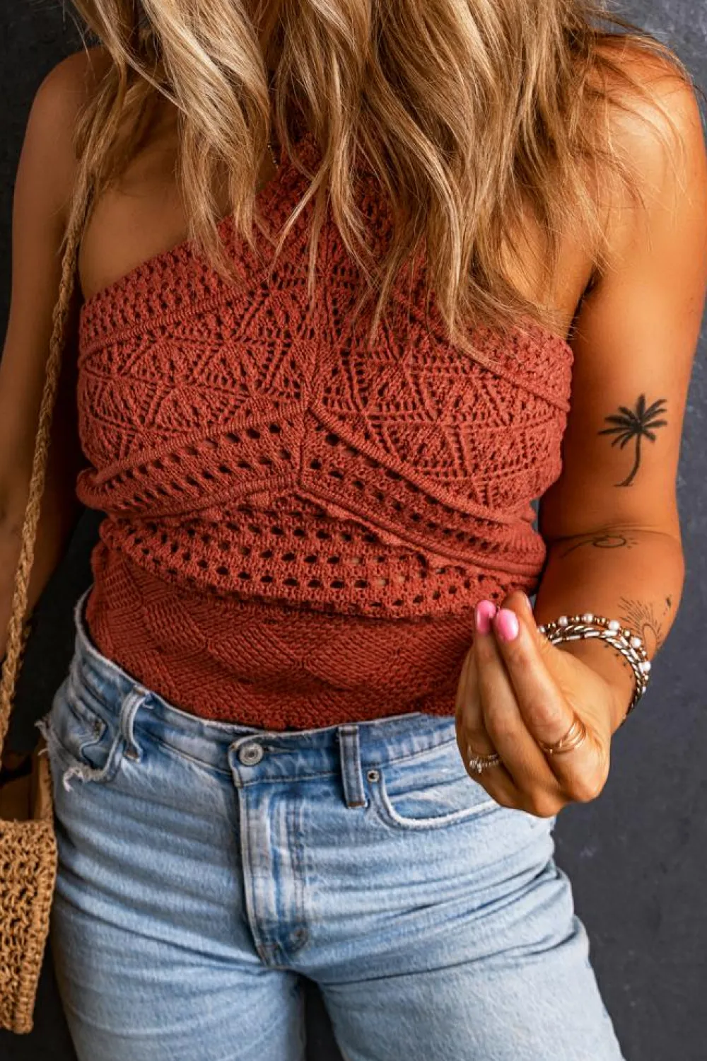Sale Dear-Lover Knit Crochet Halter Neck Backless Tank Top Red Clay