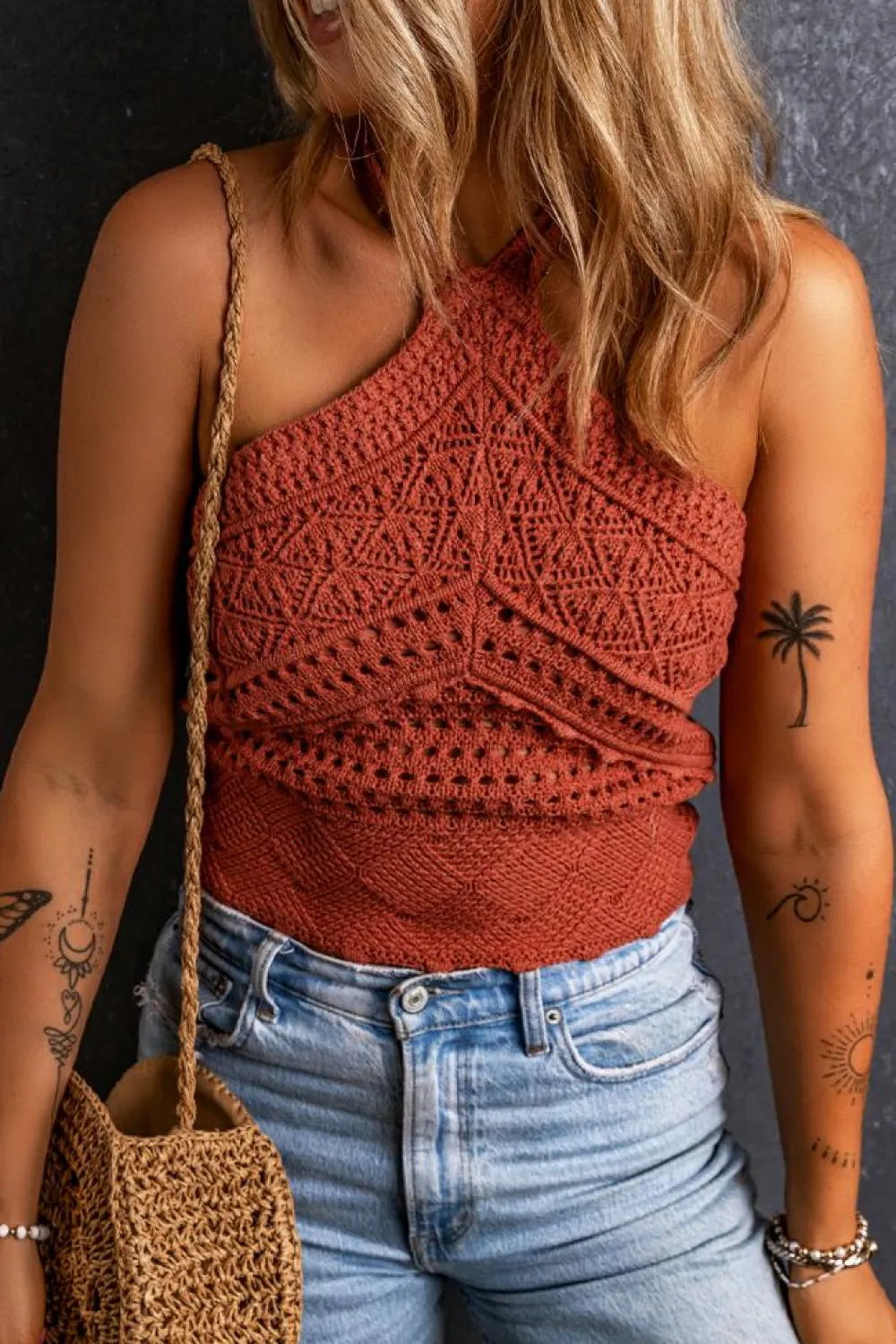Sale Dear-Lover Knit Crochet Halter Neck Backless Tank Top Red Clay