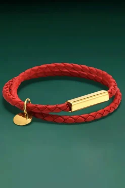 Clearance Dear-Lover Metal Decor PU Leather Braided Bracelet Red Clay