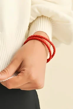 Clearance Dear-Lover Metal Decor PU Leather Braided Bracelet Red Clay