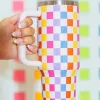 Online Dear-Lover Colorful Checke Print Handle Vacuum Cup 40oz Red
