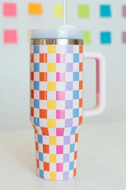 Online Dear-Lover Colorful Checke Print Handle Vacuum Cup 40oz Red