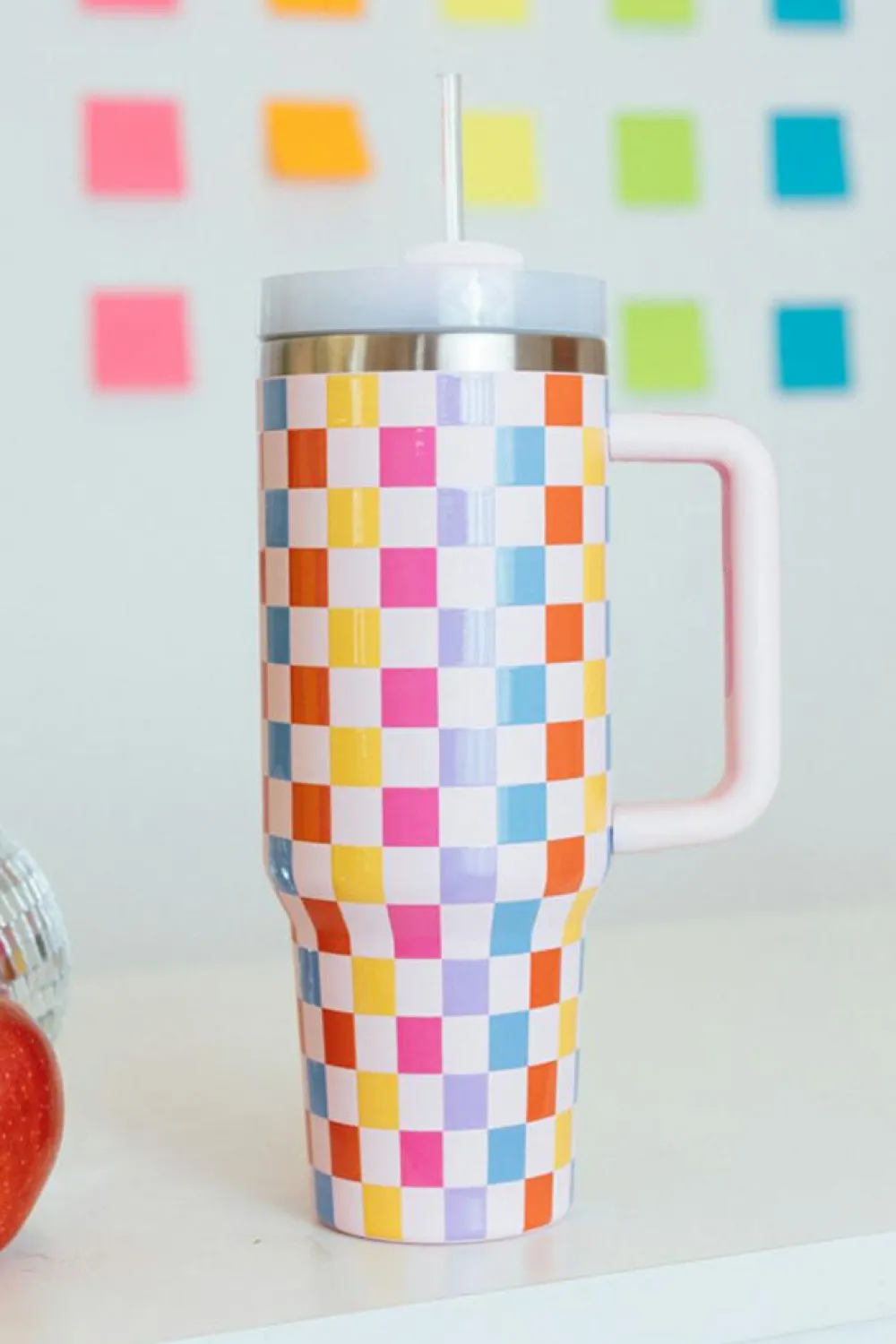 Online Dear-Lover Colorful Checke Print Handle Vacuum Cup 40oz Red