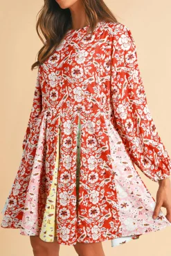 New Dear-Lover Colorful Floral Patchwork Long Sleeve Pleated Mini Dress Red