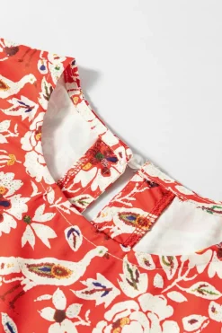 New Dear-Lover Colorful Floral Patchwork Long Sleeve Pleated Mini Dress Red