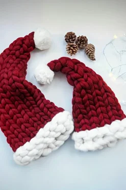 Best Dear-Lover Color Block Pom Pom Decor Chunky Knitted Christmas Hat Red Dahlia