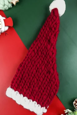 Best Dear-Lover Color Block Pom Pom Decor Chunky Knitted Christmas Hat Red Dahlia