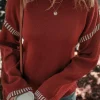 Best Dear-Lover Color Contrast Trim Drop Shoulder Crew Neck Sweater Red Dahlia