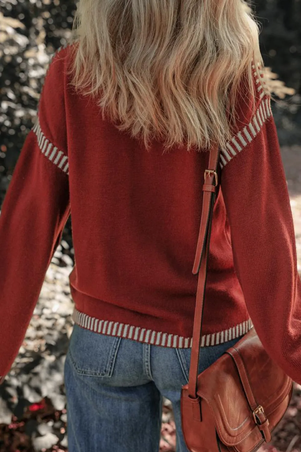 Best Dear-Lover Color Contrast Trim Drop Shoulder Crew Neck Sweater Red Dahlia
