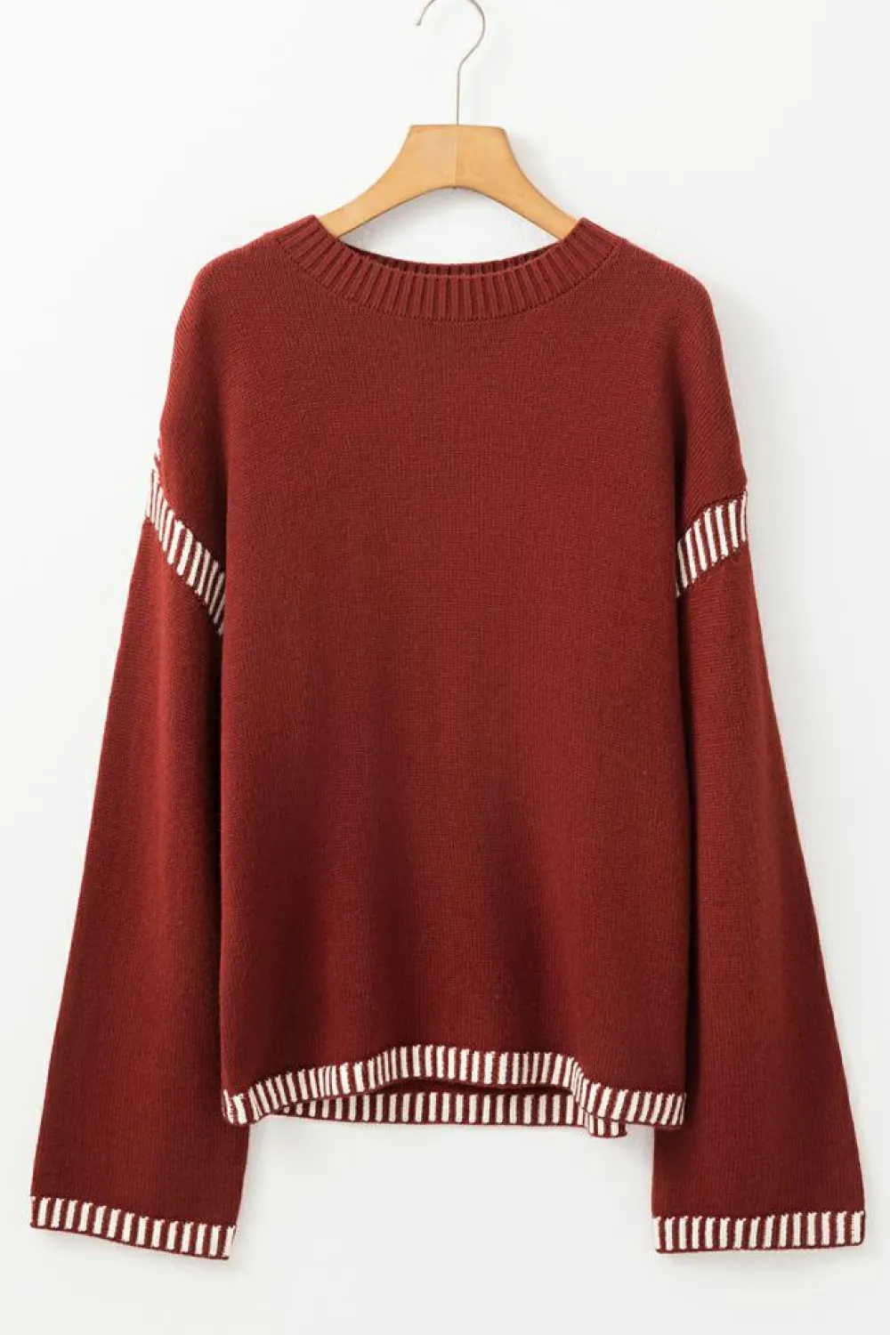 Best Dear-Lover Color Contrast Trim Drop Shoulder Crew Neck Sweater Red Dahlia