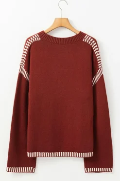 Best Dear-Lover Color Contrast Trim Drop Shoulder Crew Neck Sweater Red Dahlia