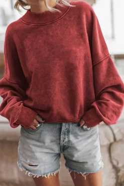 Online Dear-Lover Drop Shoulder Crew Neck Pullover Sweatshirt Red Dahlia