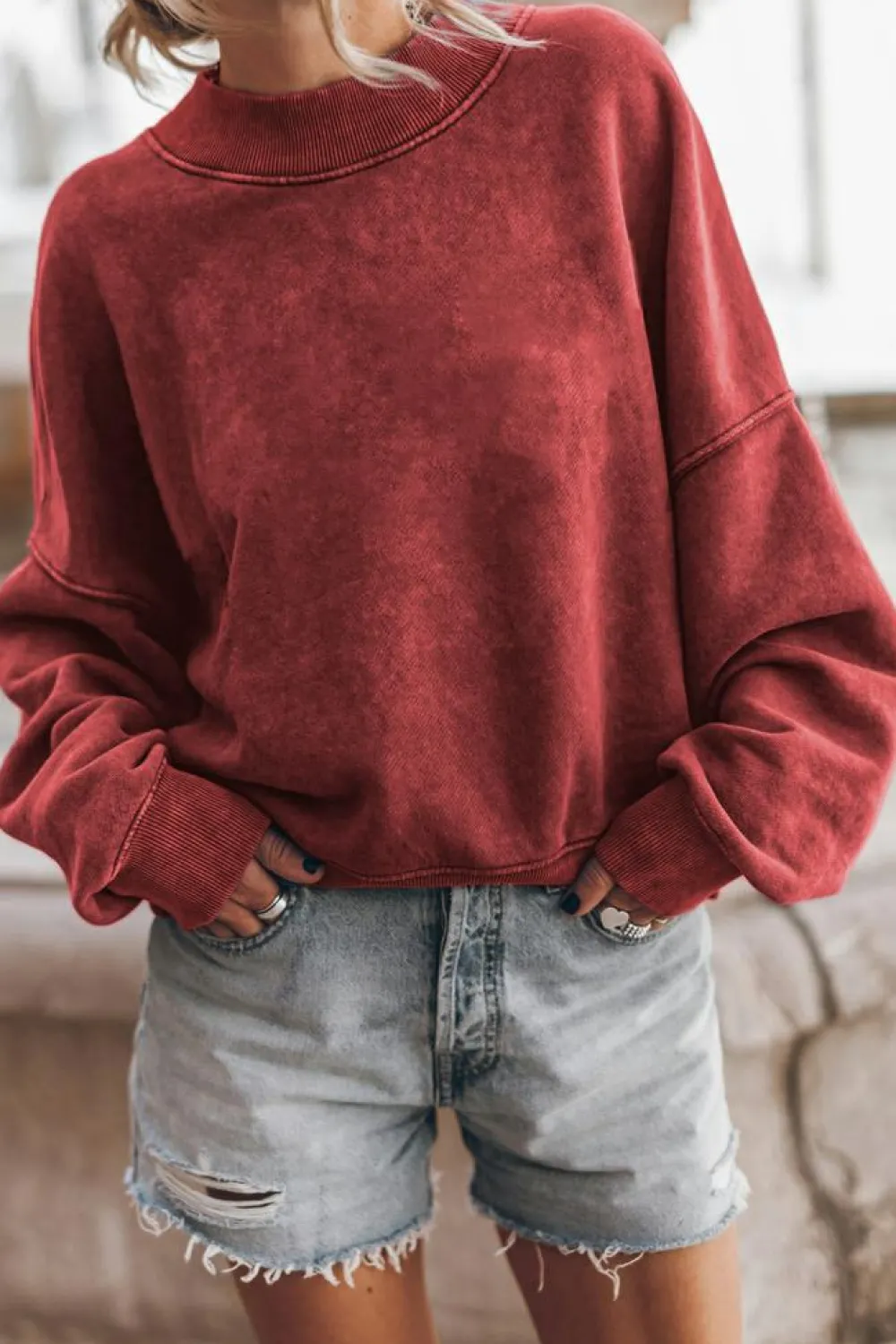 Online Dear-Lover Drop Shoulder Crew Neck Pullover Sweatshirt Red Dahlia