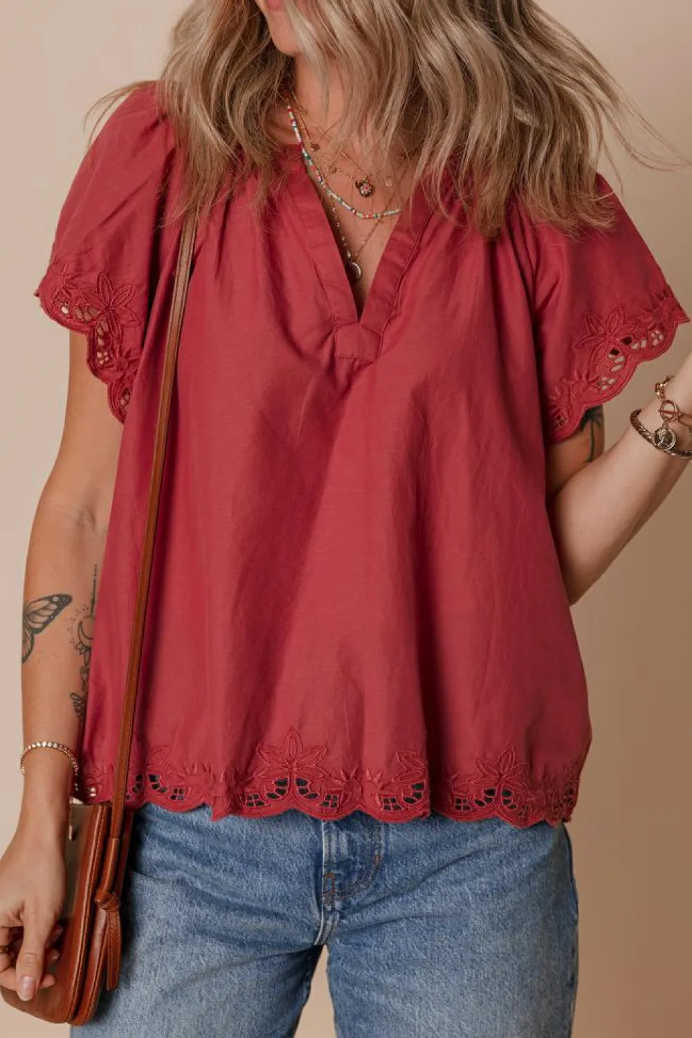 Online Dear-Lover Floral Embroidered Scallop Trim Short Sleeve V Neck Blouse Red Dahlia