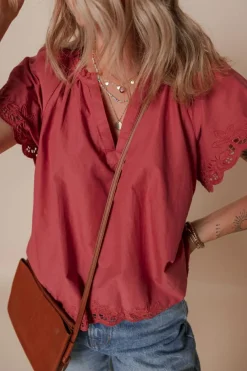 Online Dear-Lover Floral Embroidered Scallop Trim Short Sleeve V Neck Blouse Red Dahlia