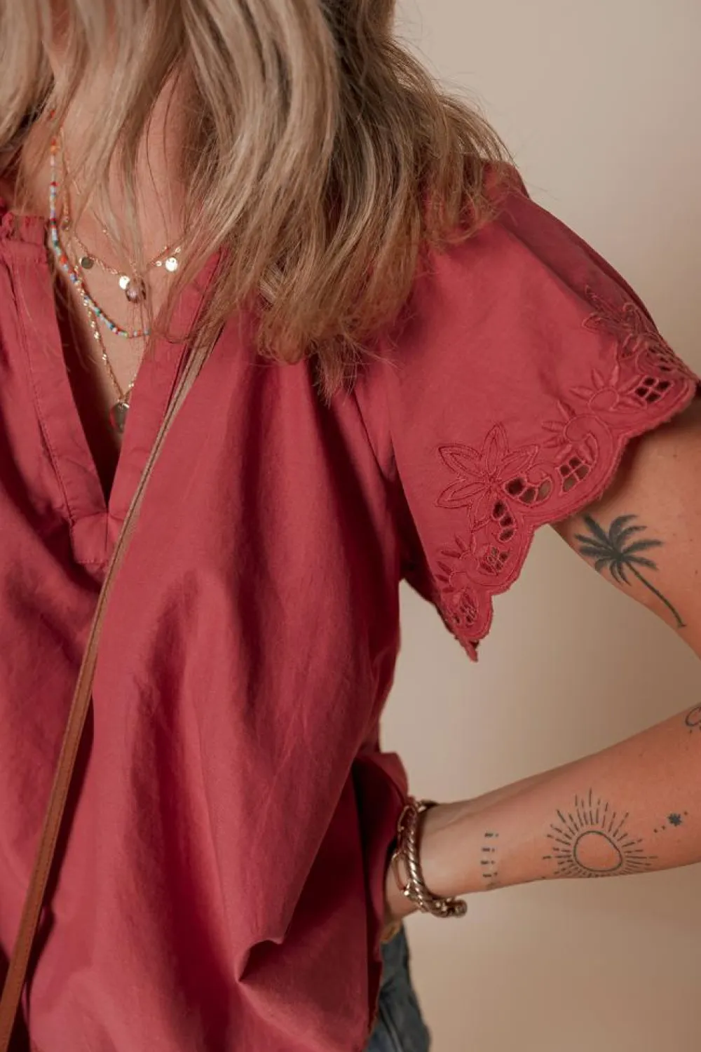 Online Dear-Lover Floral Embroidered Scallop Trim Short Sleeve V Neck Blouse Red Dahlia