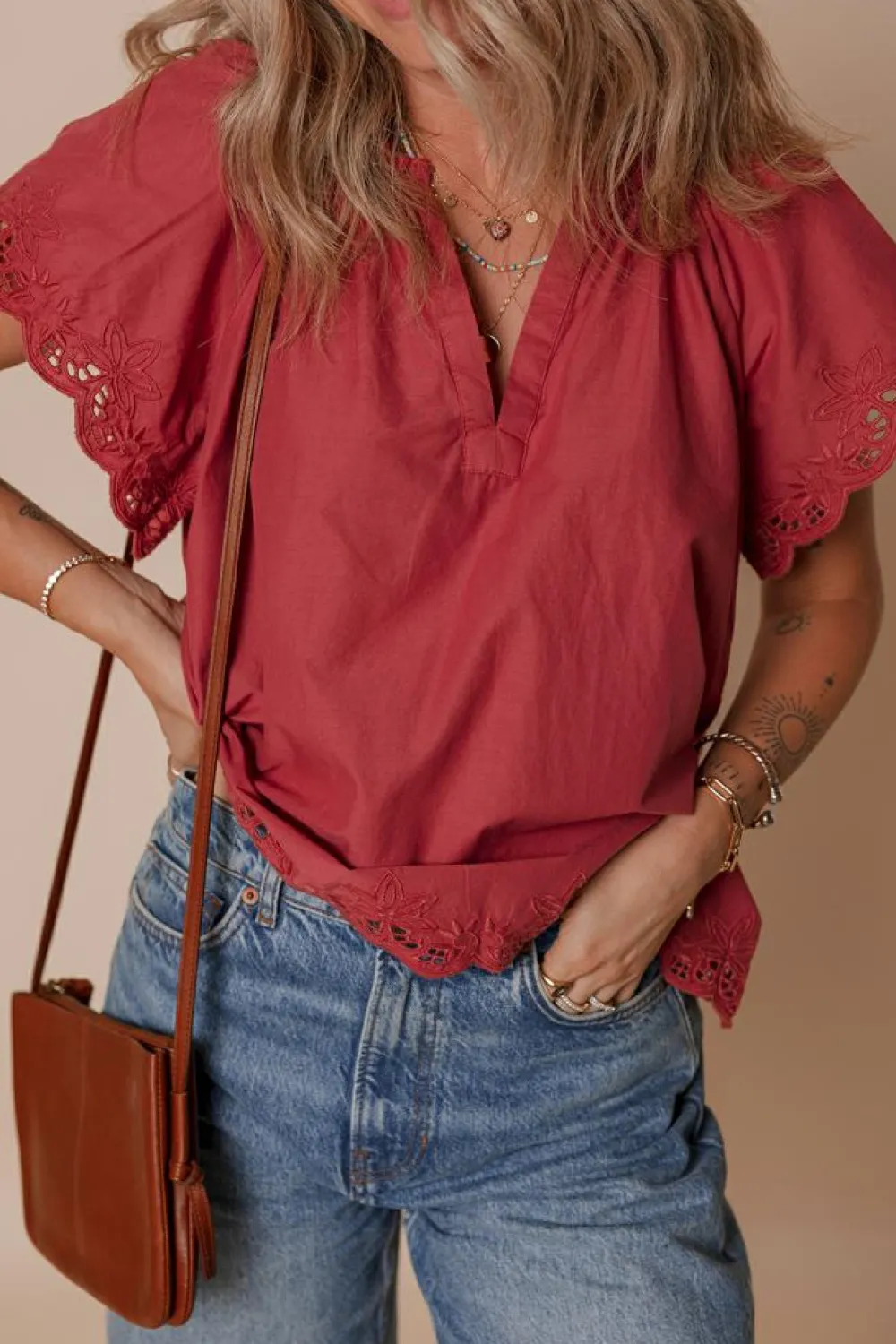 Online Dear-Lover Floral Embroidered Scallop Trim Short Sleeve V Neck Blouse Red Dahlia