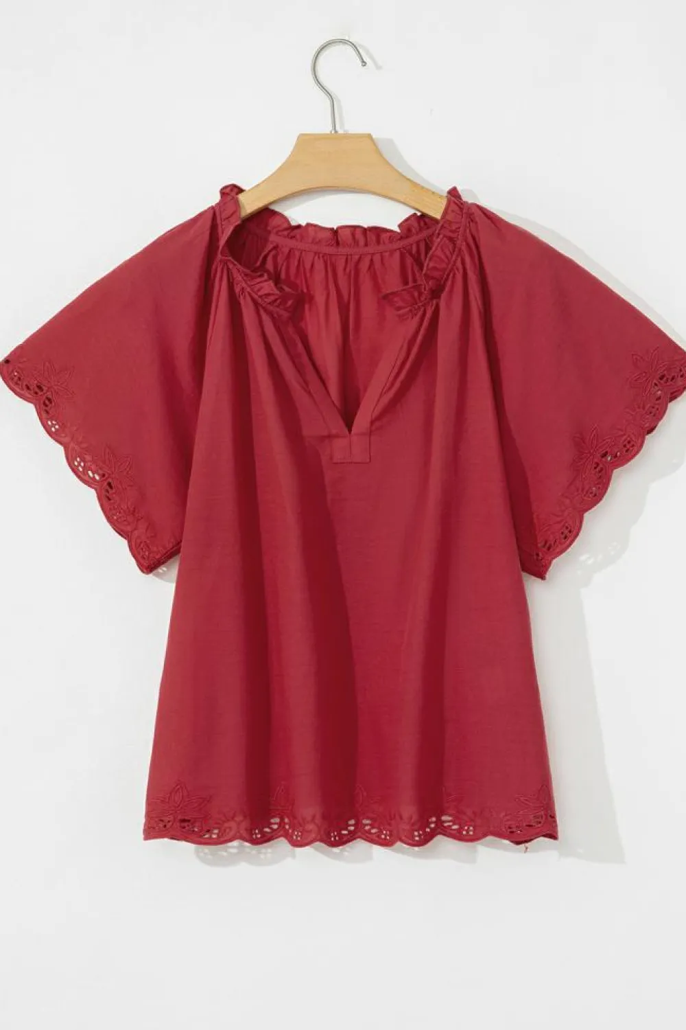 Online Dear-Lover Floral Embroidered Scallop Trim Short Sleeve V Neck Blouse Red Dahlia