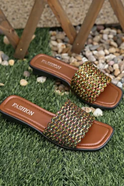 Online Dear-Lover Glitter Braided Square Toe PU Leather Slippers Red Dahlia