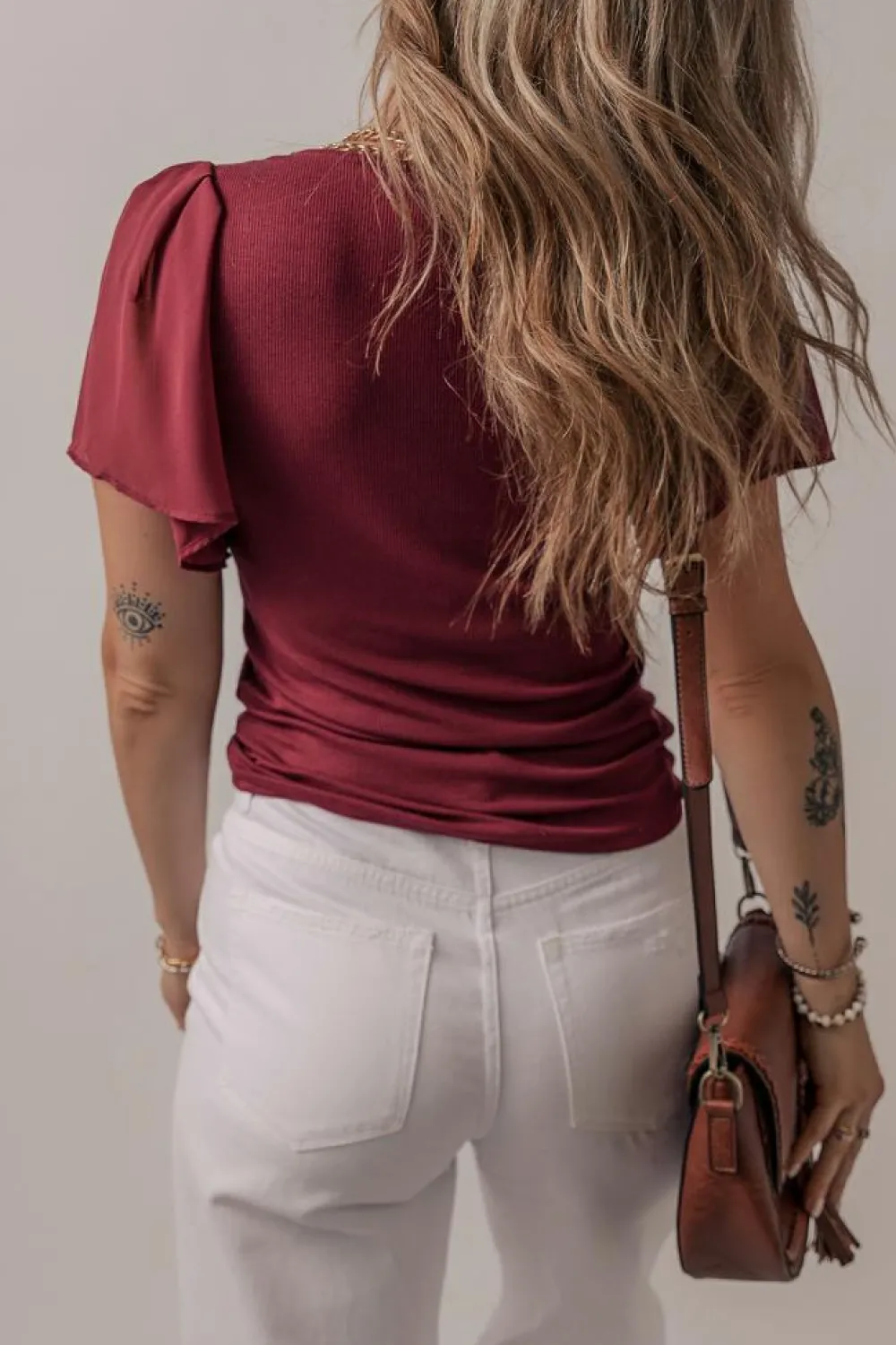 Discount Dear-Lover Mesh Ruffled Sleeve Slim Fit V Neck Top Red Dahlia